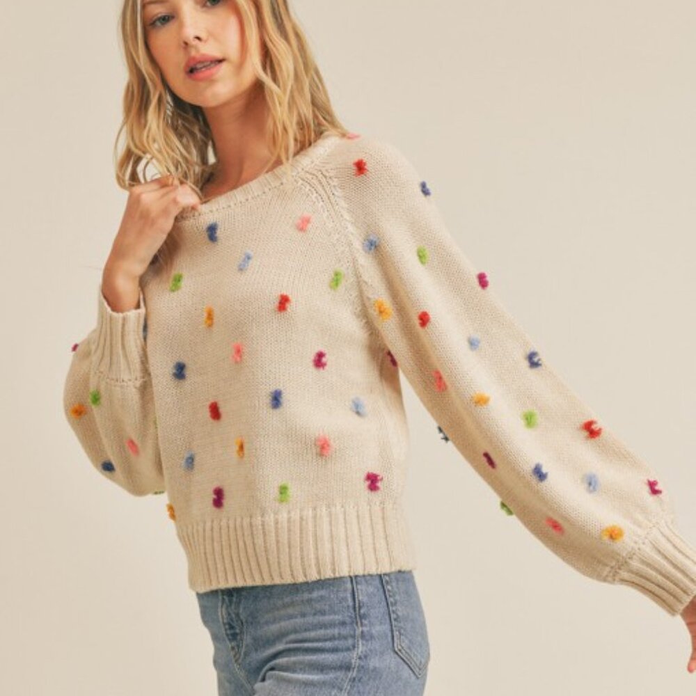 Beige Knit Soft Wool-Blend Sweater with Colorful Pom-Poms – Whimsical & Cozy